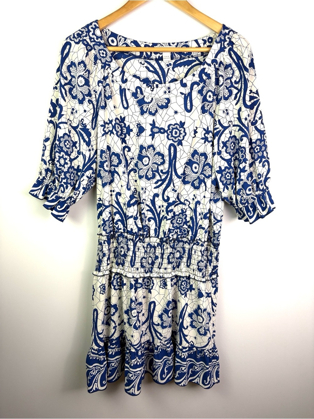 Boston Proper Blue Floral Smocked Waist Women’s Dress size M